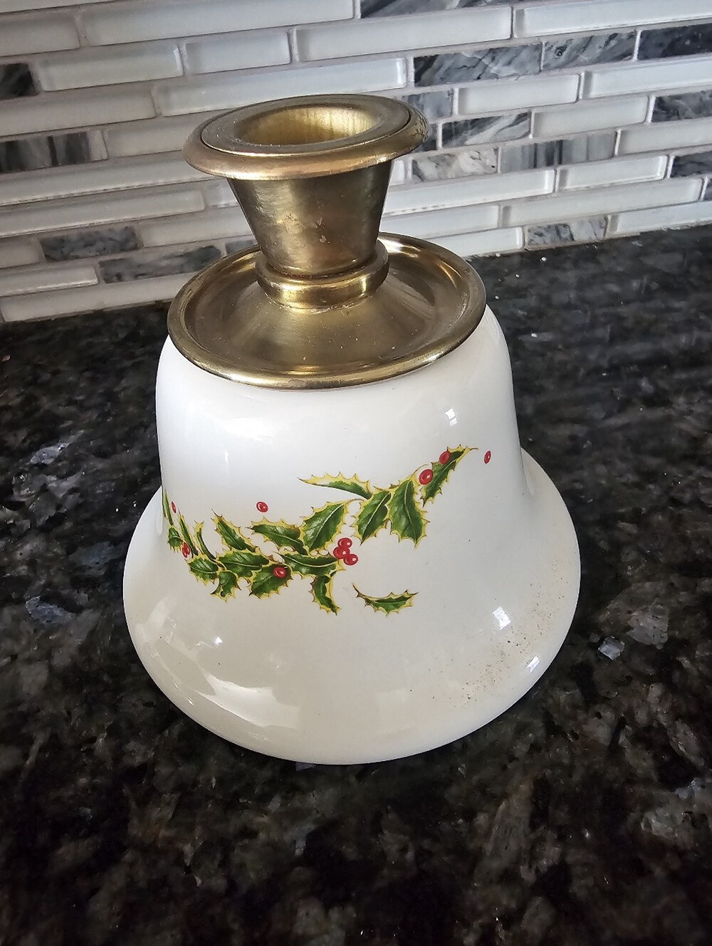Vintage Teleflora Holiday Holly Bell Candle Holder - White and Gold